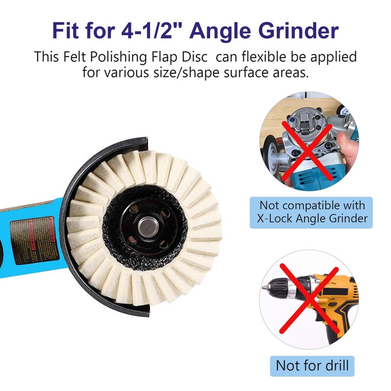 SCOTTCHEN Felt Flap Disc 4-1/2" x 7/8" Arbor for Angle Grinder (5 Pack) - High Density Wool Buffing Polishing Wheel for Metal, Aluminum, Stainless Steel & Stone Polishing - Mirror Finish - Image 4